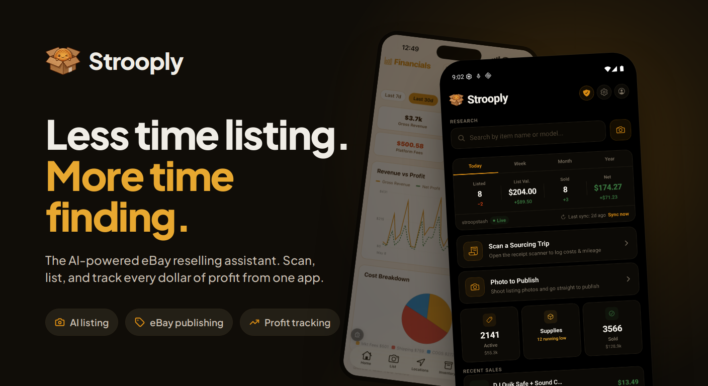 Screenshot of Strooply, Photo-to-eBay listing app with live comps and real profit tracking